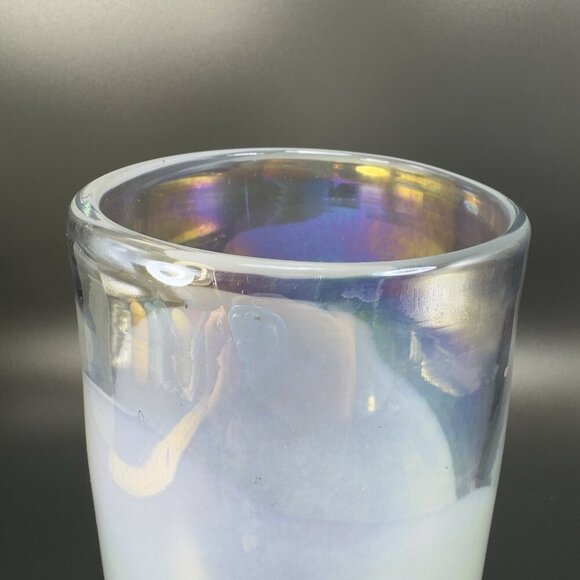 Heavy Art Glass Vase Vessel White Iridescent Finish Multicolor Glass Vase Decor - Picture 4 of 15